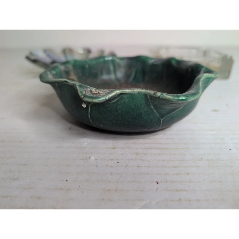 Lot Of 3 Vintage Ashtrays Candy Dishes Square Cabbage Circular Green Iridescent